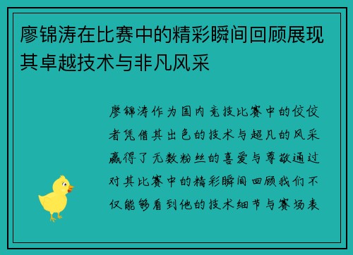 廖锦涛在比赛中的精彩瞬间回顾展现其卓越技术与非凡风采