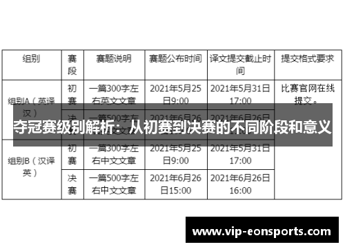 夺冠赛级别解析：从初赛到决赛的不同阶段和意义