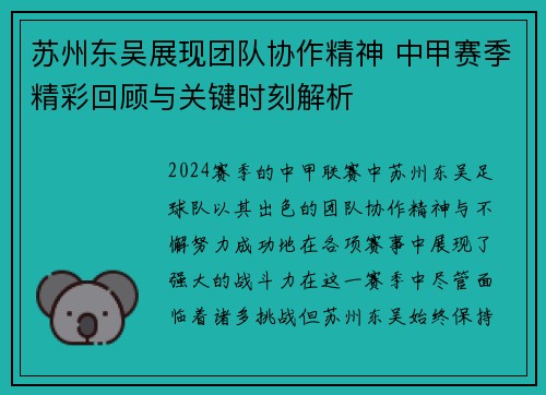 苏州东吴展现团队协作精神 中甲赛季精彩回顾与关键时刻解析